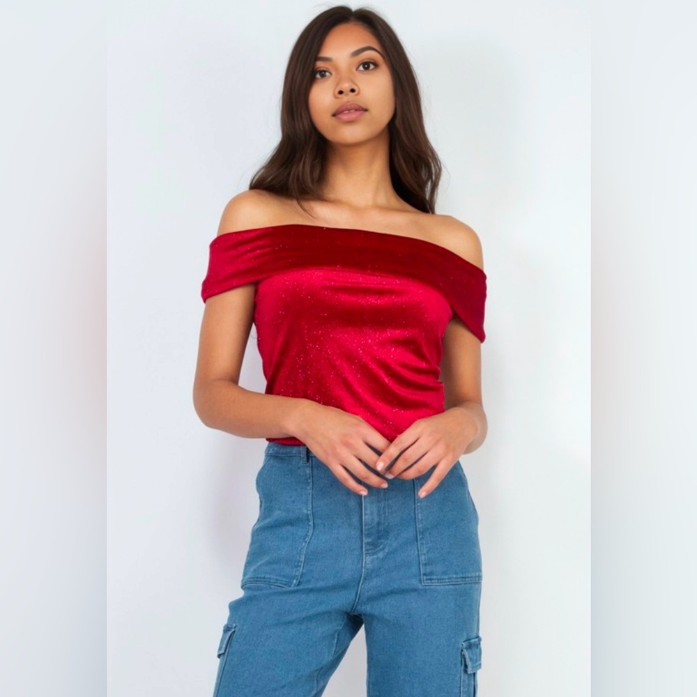 Red velvet off-shoulder glittery crop top